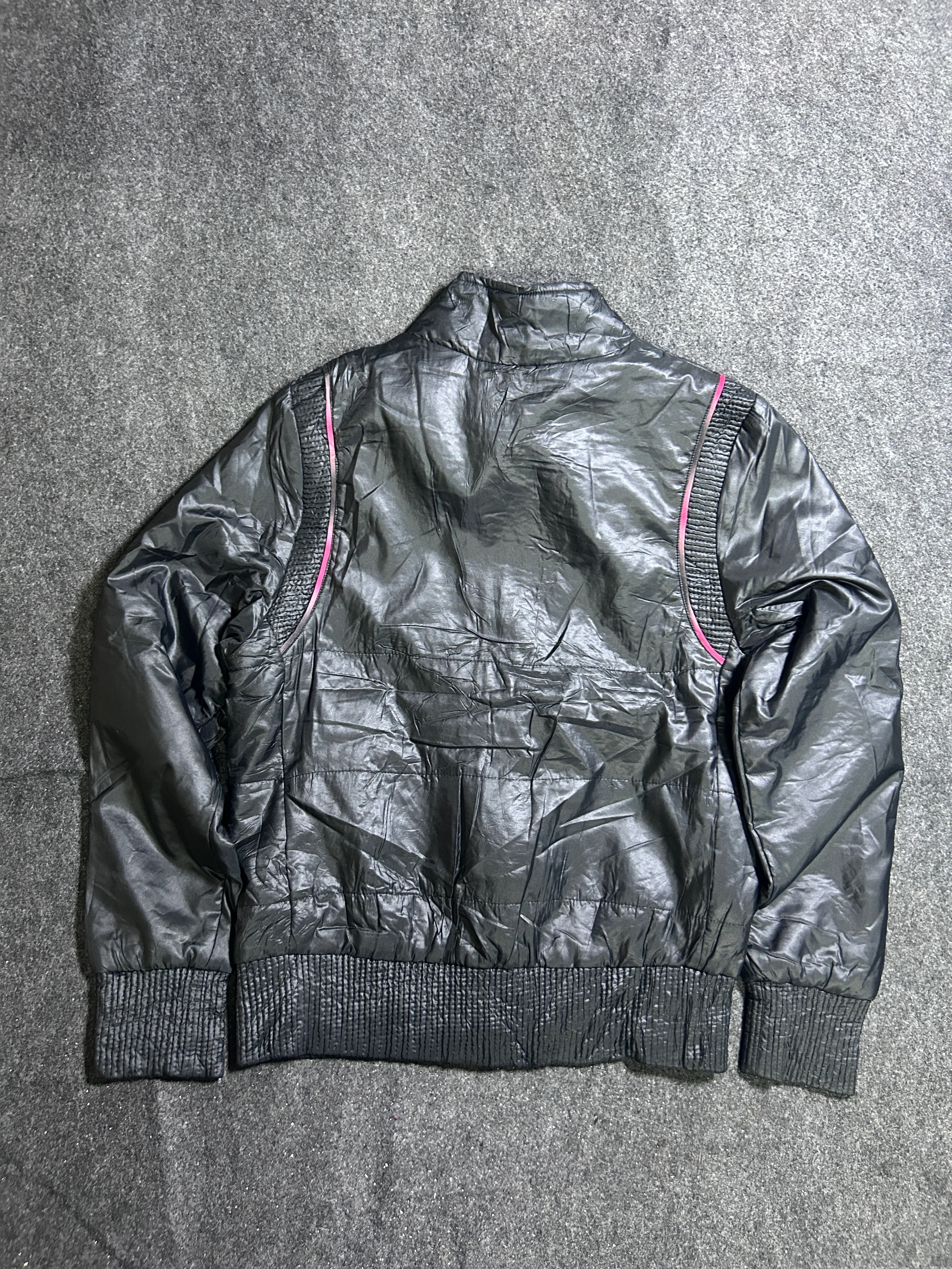 Vintage Adidas Black Shiny Puffer Jacket with Pink Details – S