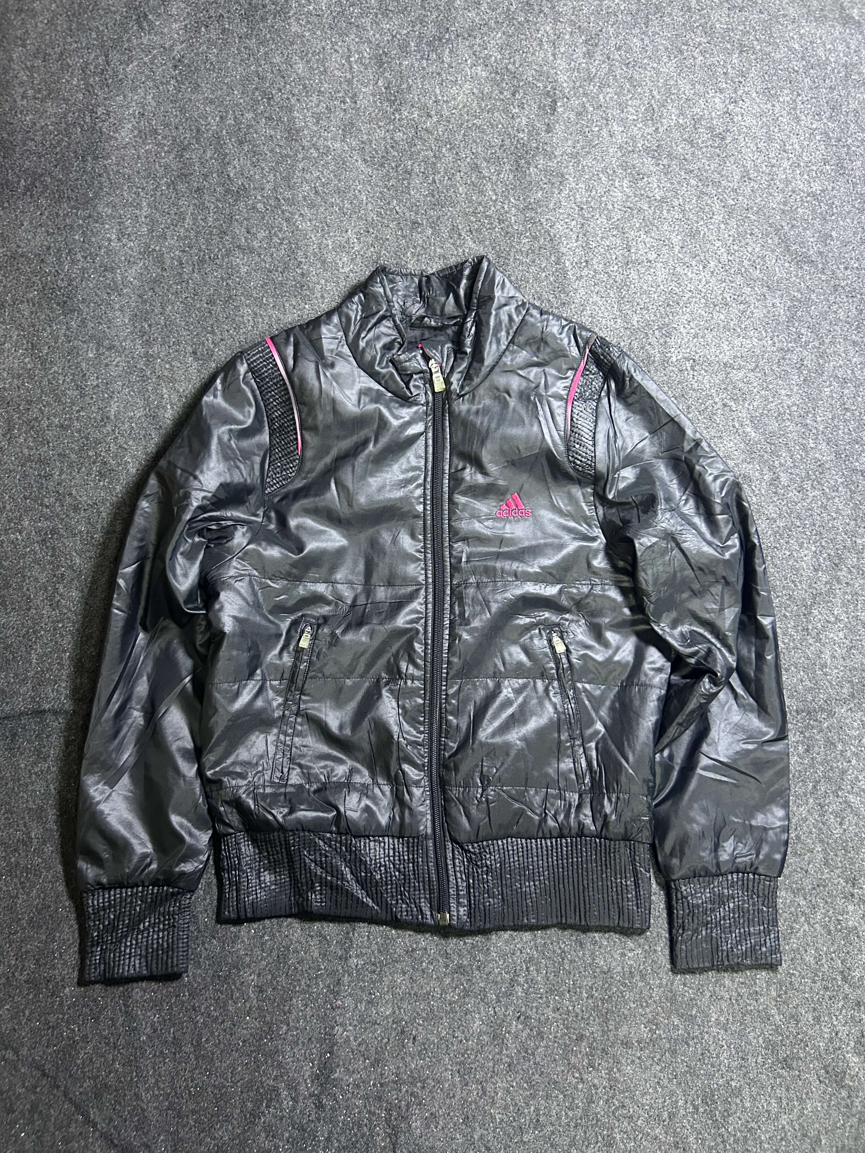 Vintage Adidas Black Shiny Puffer Jacket with Pink Details – S