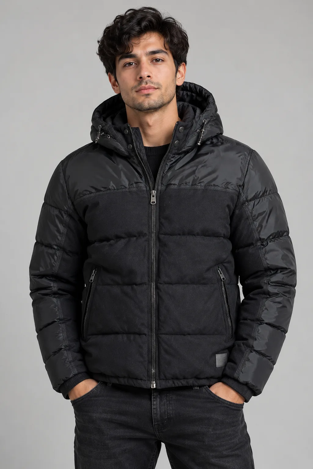 Zara Men’s Mixed Media Hooded Puffer Jacket – Black L