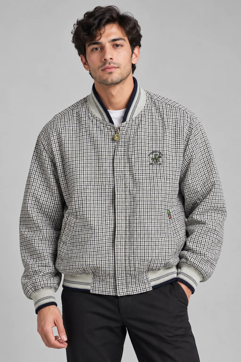Beverly Hills Polo Club Vintage Check Bomber Jacket – Grey & Black XL