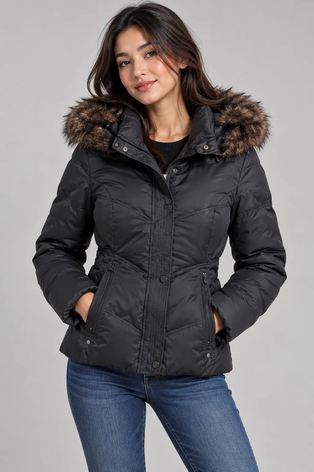 Calvin Klein Black Down Puffer Jacket with Faux Fur Hood – Women’s Winter Coat