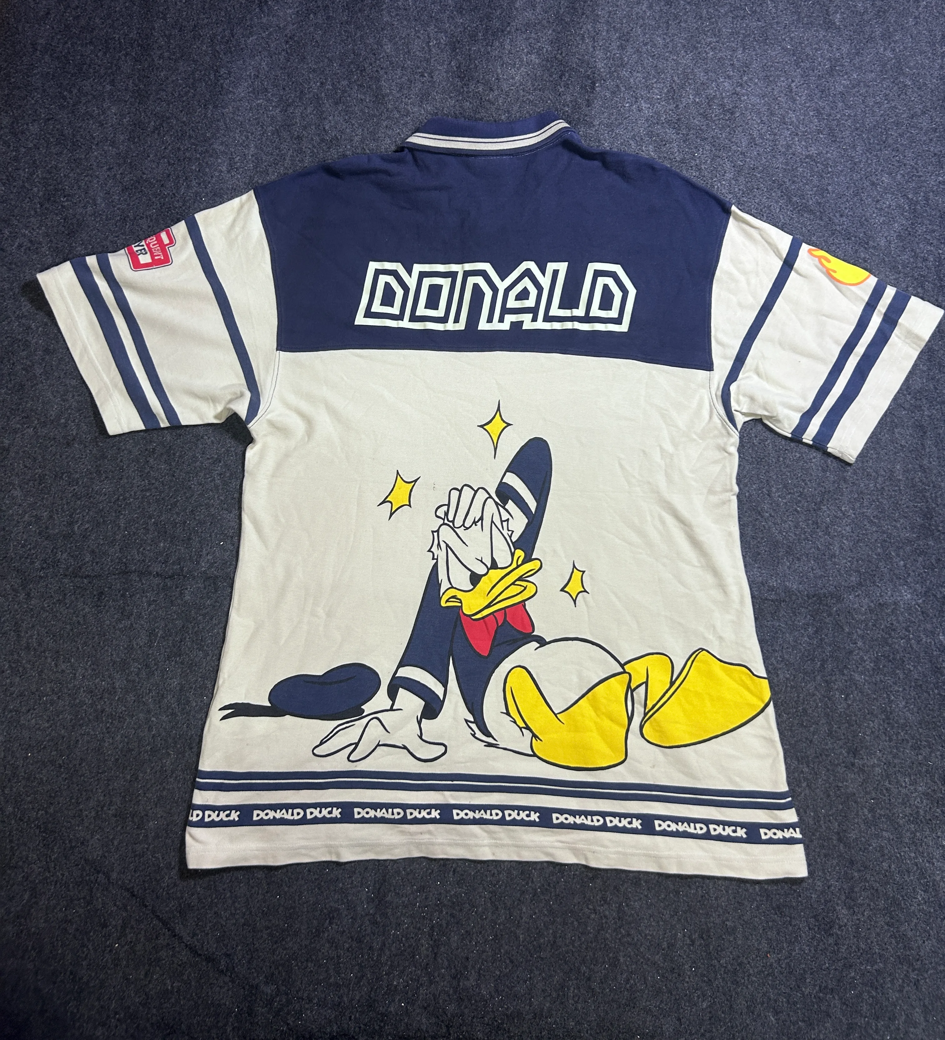 Bonkers Corner x Disney Donald Duck Graphic Polo T-Shirt – Navy & Cream, 100% Cotton L