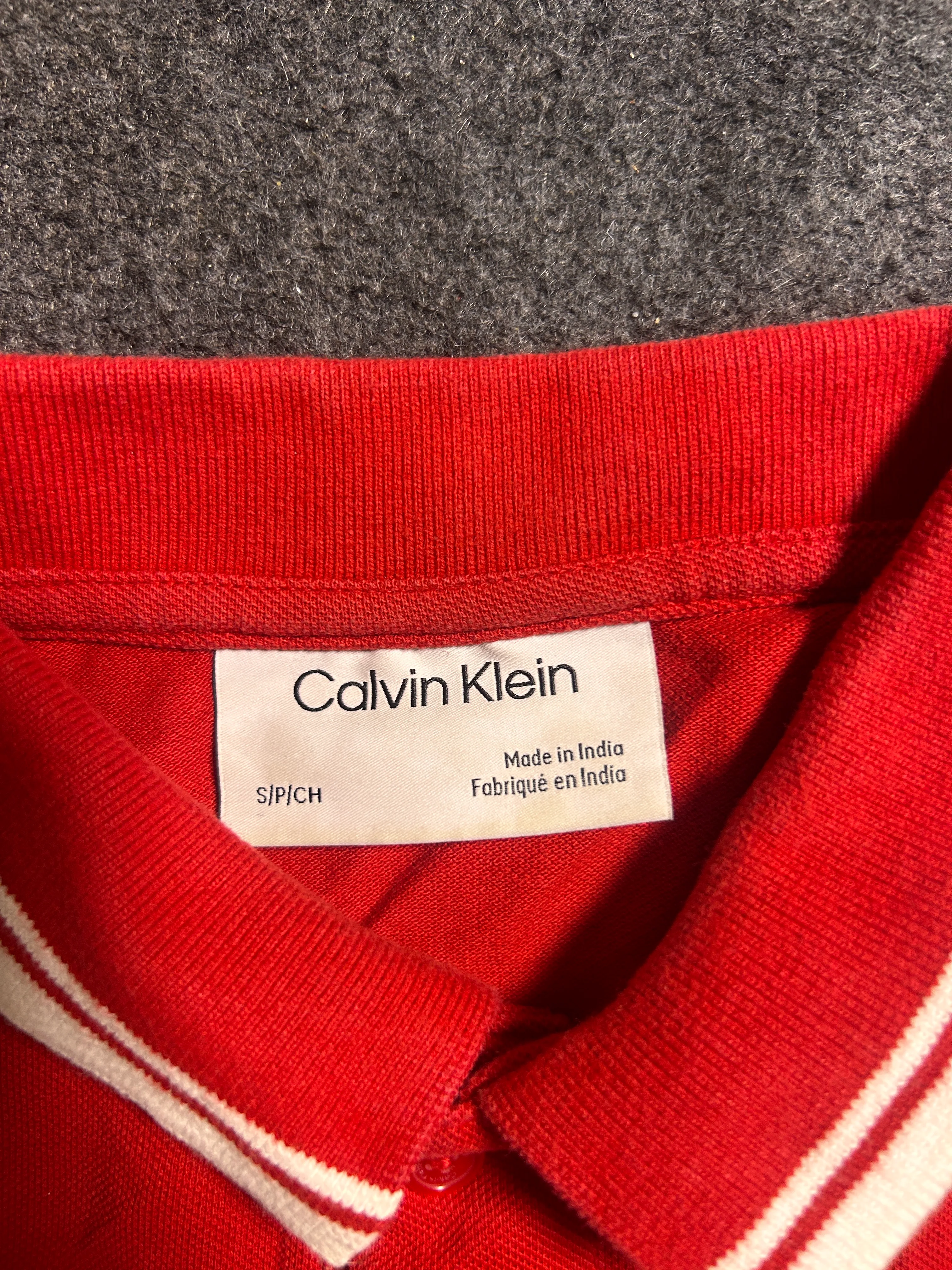 Calvin Klein Men’s Red Logo Polo T-Shirt – White Stripe Collar