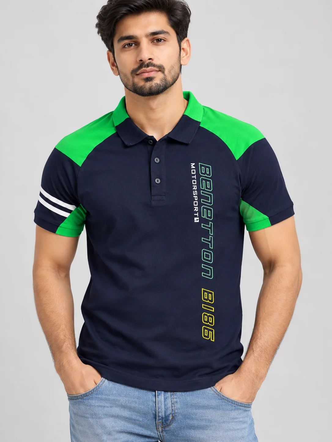 Vintage Benetton Motorsport B185 Navy Blue & Green Polo T-Shirt M