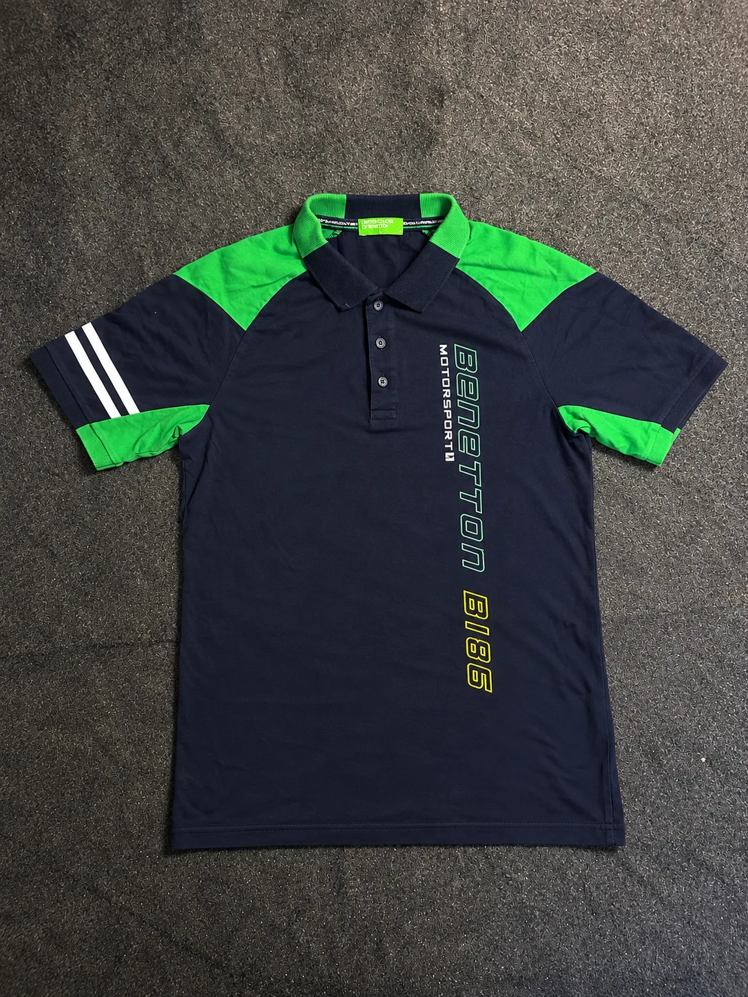 Vintage Benetton Motorsport B185 Navy Blue & Green Polo T-Shirt M