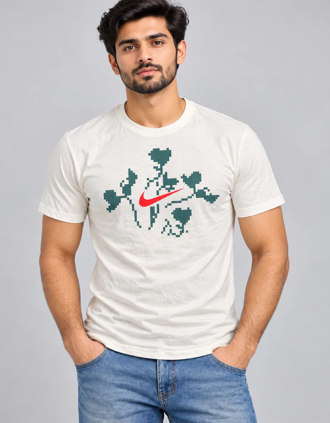 Nike Men’s White Pixel Heart Graphic T-Shirt – Size M