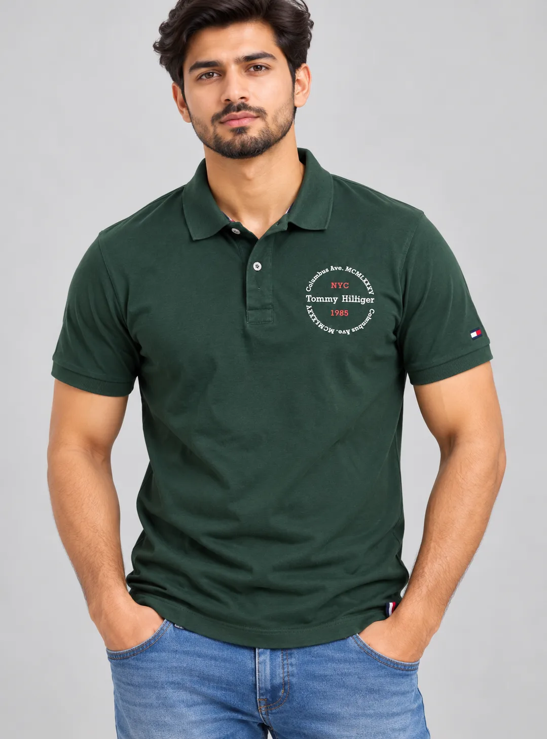 Tommy Hilfiger Men’s Dark Green Graphic Polo T-Shirt – Custom Fit L