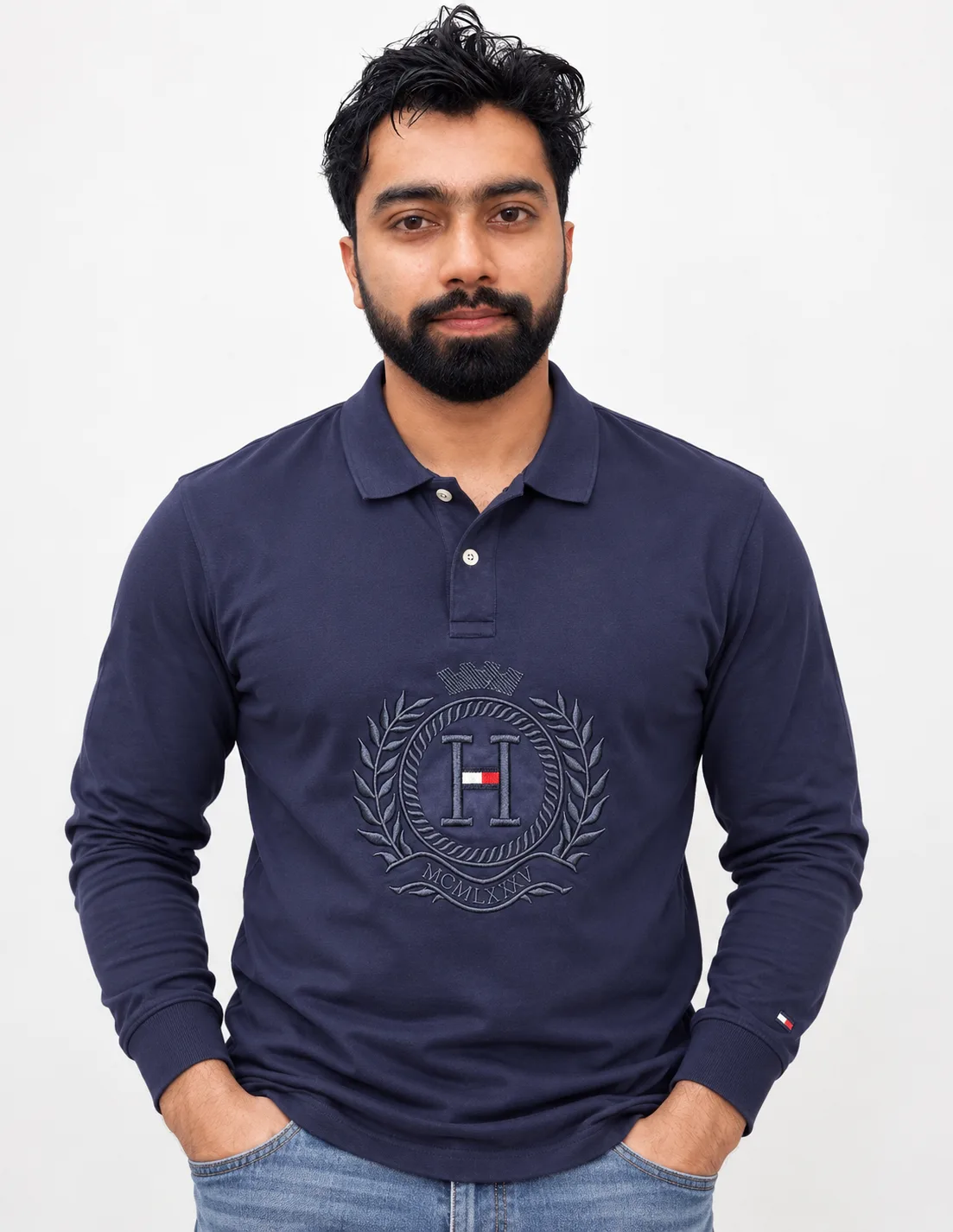 Tommy Hilfiger Navy Blue Long Sleeve Embroidered Crest Polo T-Shirt – Men’s M