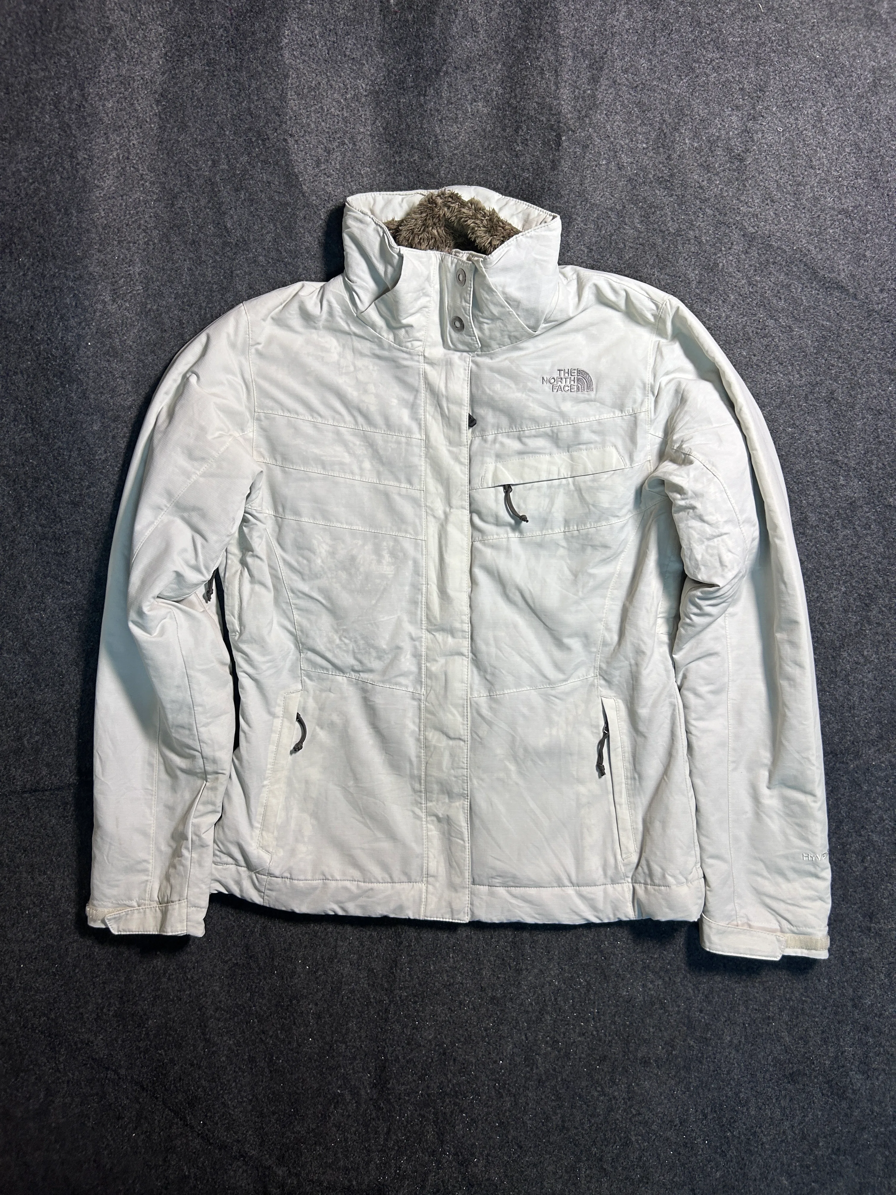 The North Face Women's HyVent Winter Jacket Light Cream Faux Fur Lined Detachable Hood M