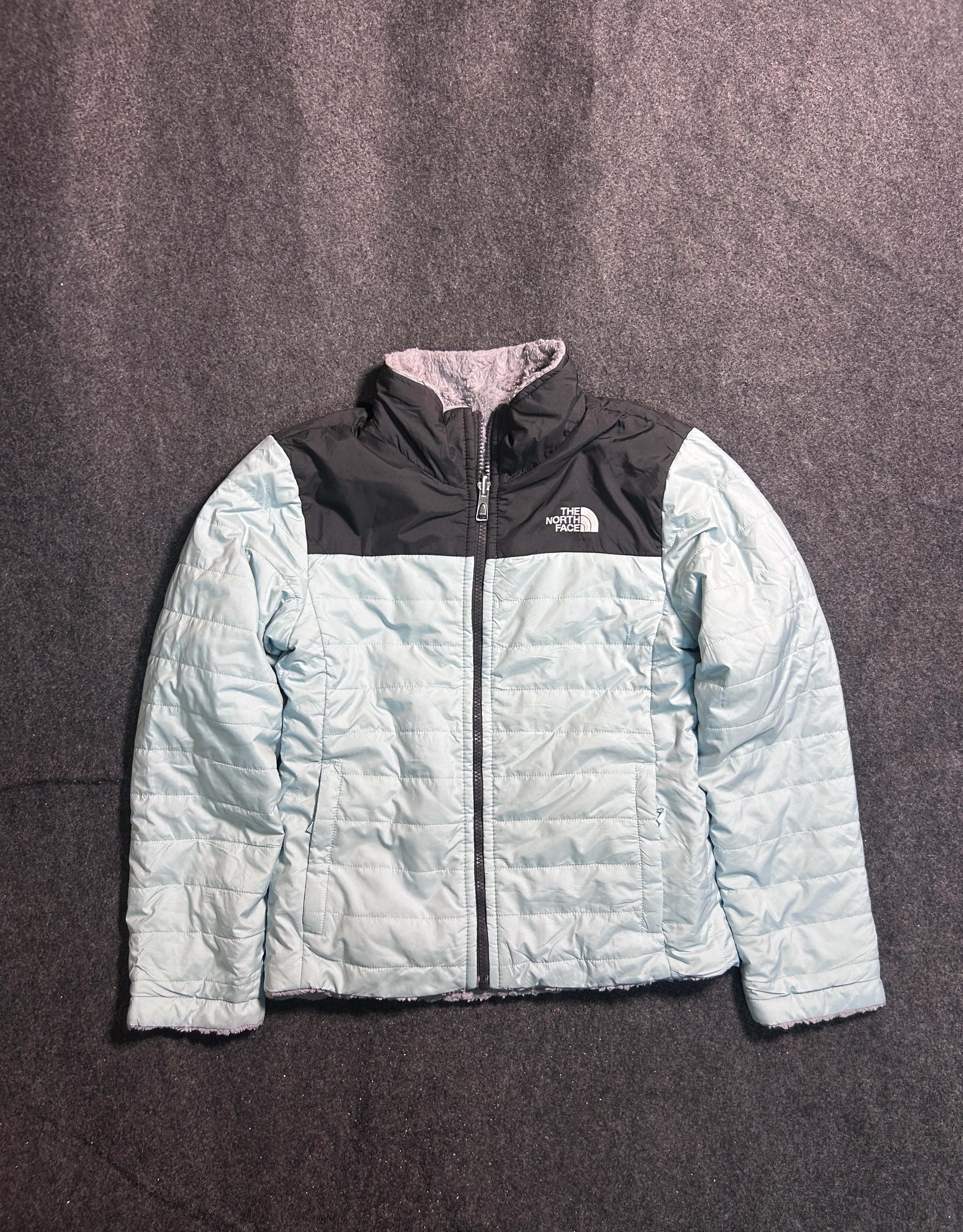 The North Face Girls Reversible Insulated Puffer Jacket Light Blue Grey Fleece Size XS