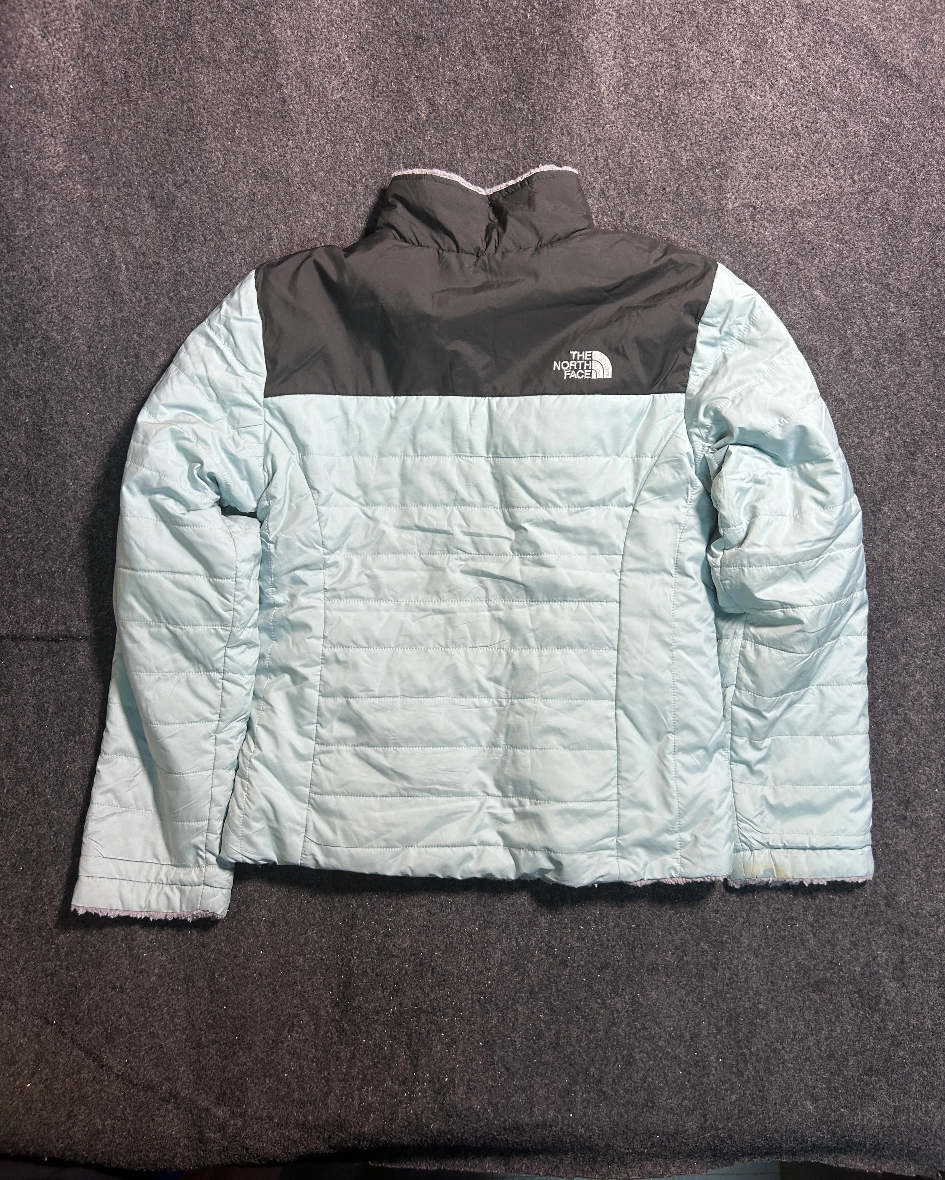 The North Face Girls Reversible Insulated Puffer Jacket Light Blue Grey Fleece Size XS