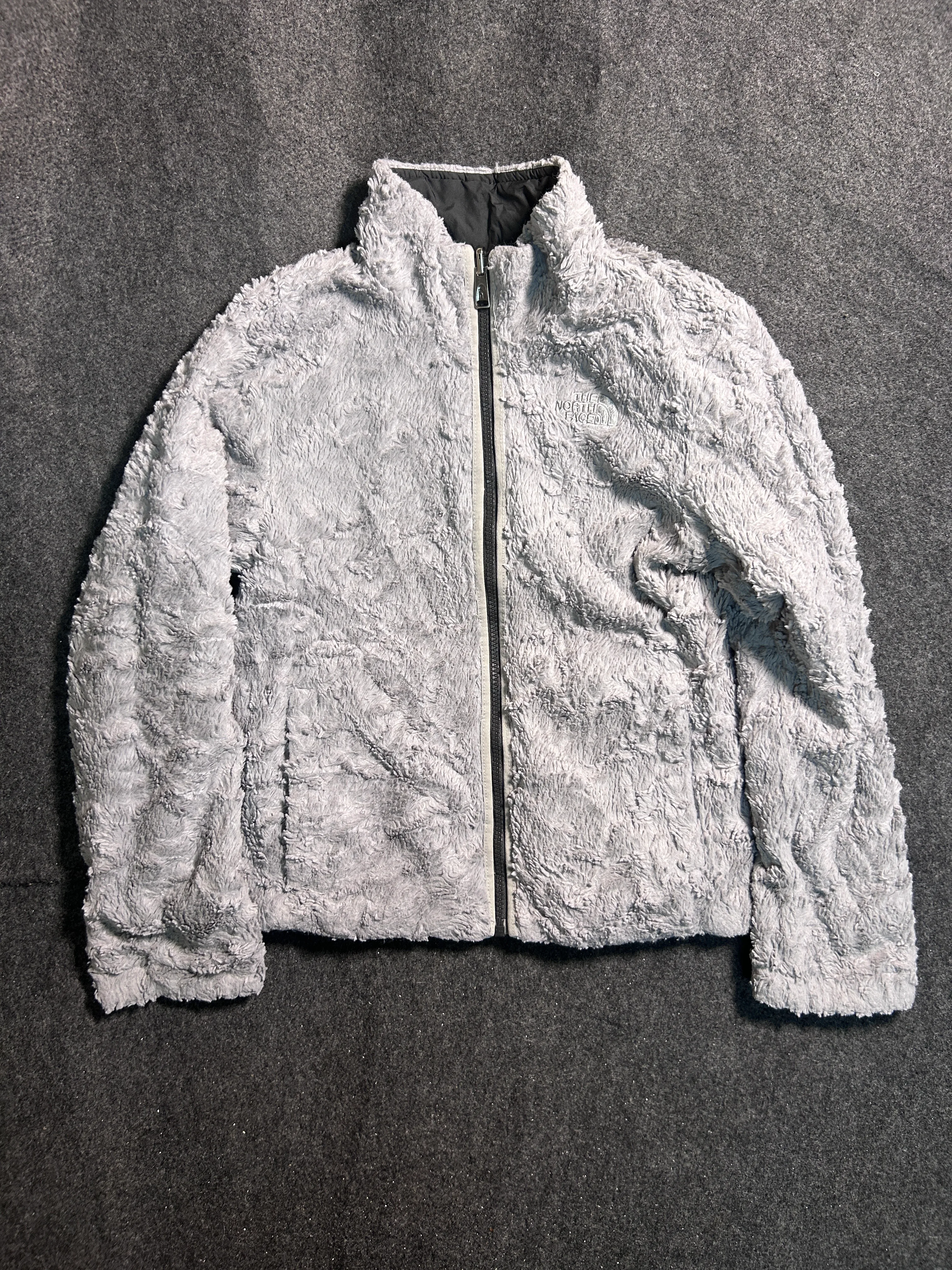The North Face Girls Reversible Insulated Puffer Jacket Light Blue Grey Fleece Size XS