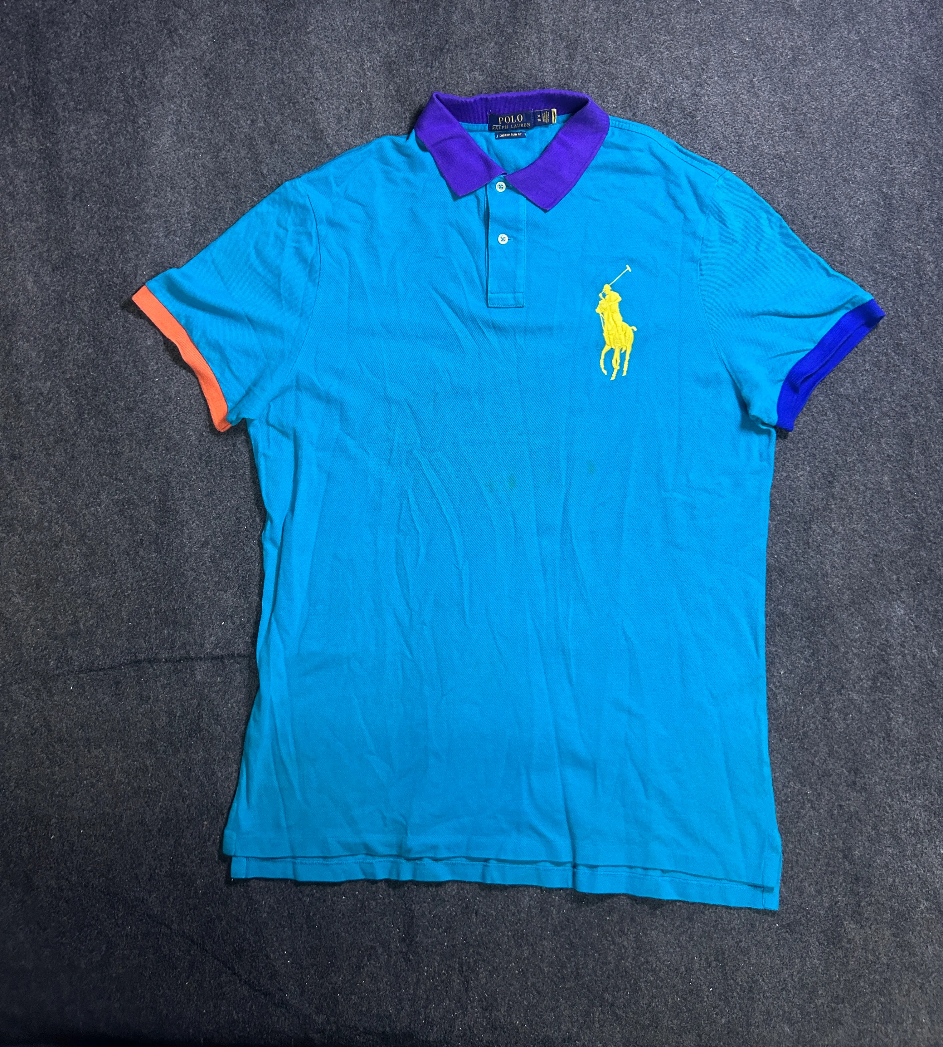 Polo Ralph Lauren Big Pony Colorblock Mesh Polo Shirt – Turquoise Blue / Purple / Orange (XL)