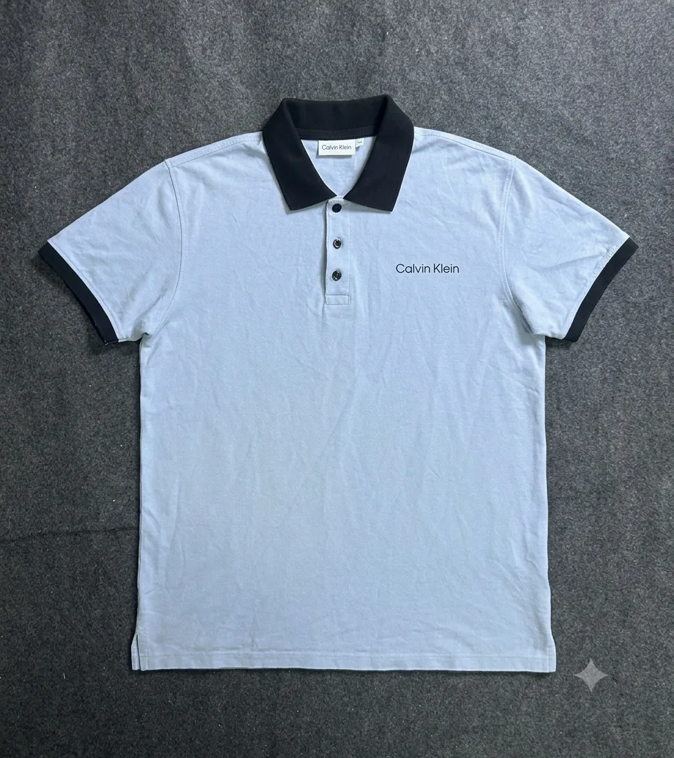 Calvin Klein Embroidered Logo Contrast Collar Polo Shirt – Light Blue / Navy L