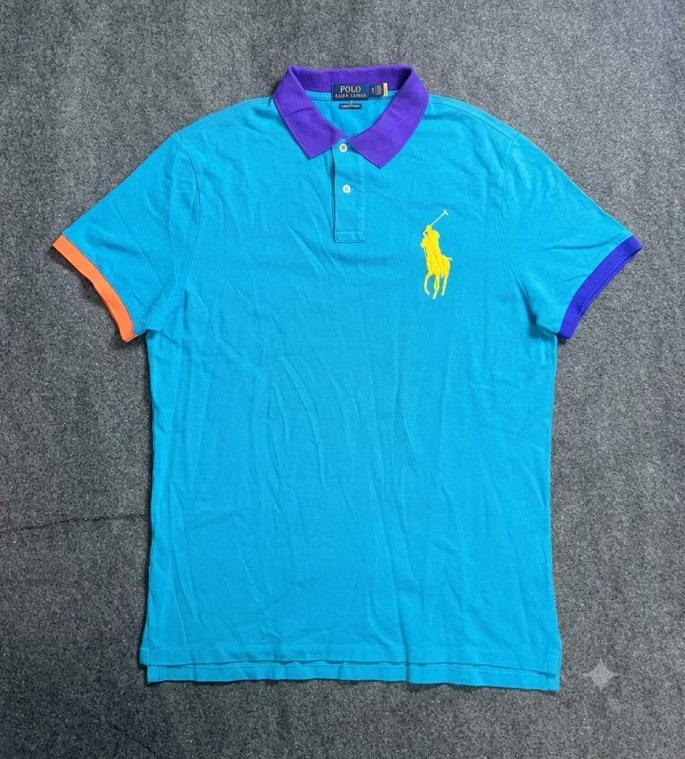 Polo Ralph Lauren Big Pony Colorblock Mesh Polo Shirt – Turquoise Blue / Purple / Orange (XL)