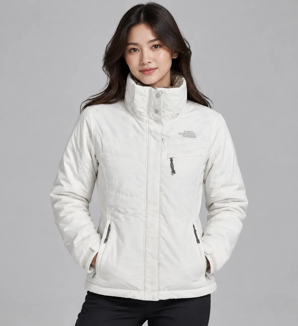 The North Face Women's HyVent Winter Jacket Light Cream Faux Fur Lined Detachable Hood M