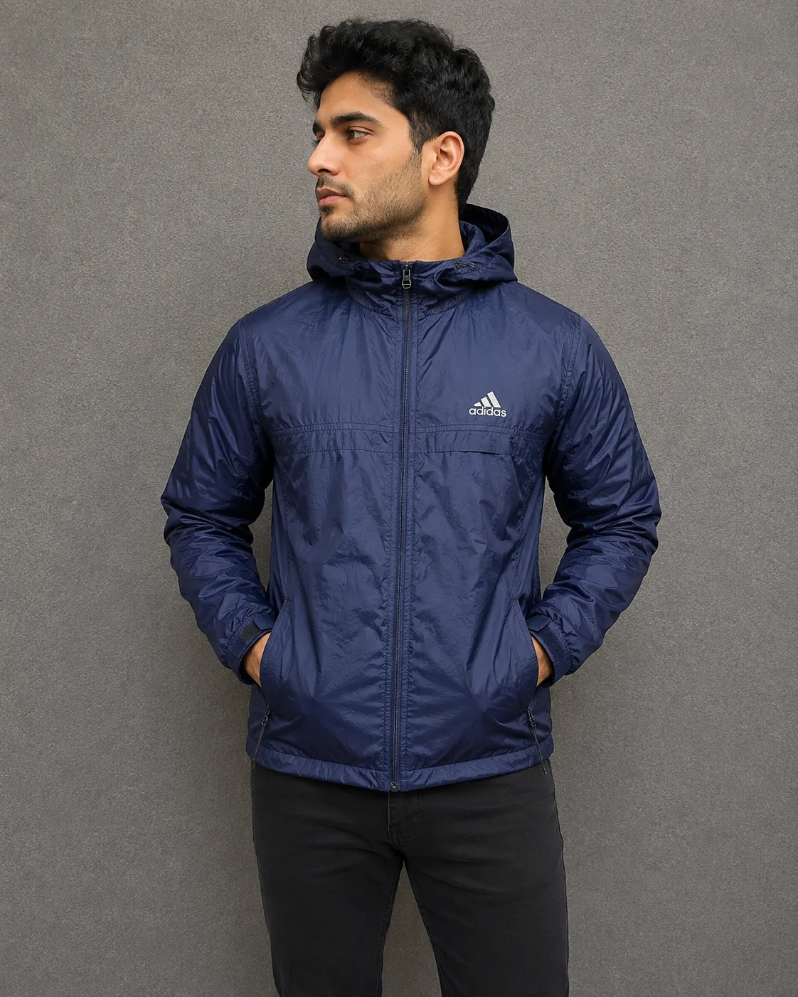 Adidas Lightweight Waterproof Hooded Windbreaker Jacket Navy Blue M