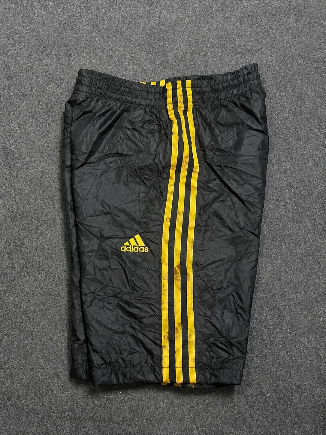 Vintage Adidas ClimaProof 3-Stripes Black & Yellow Nylon Athletic Shorts M