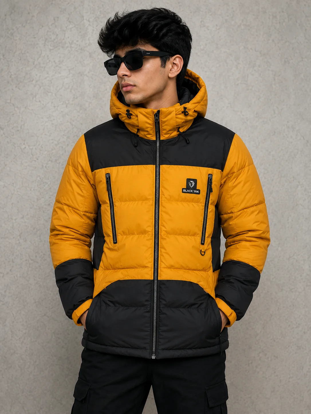 Black Yak Puffer hoodie jacket Yellow Black L