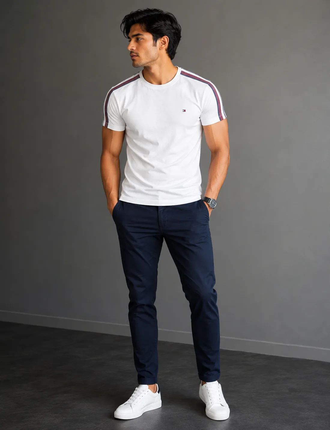 Tommy Hilfiger Stripe Sleeve T-Shirt White | 100% Cotton Regular Fit M