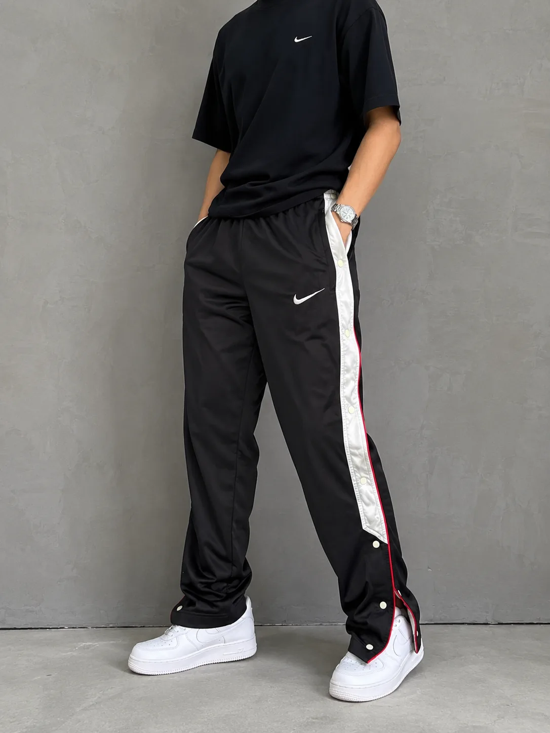 Nike Vintage Tearaway Snap Button Track Pants Black White Red | L