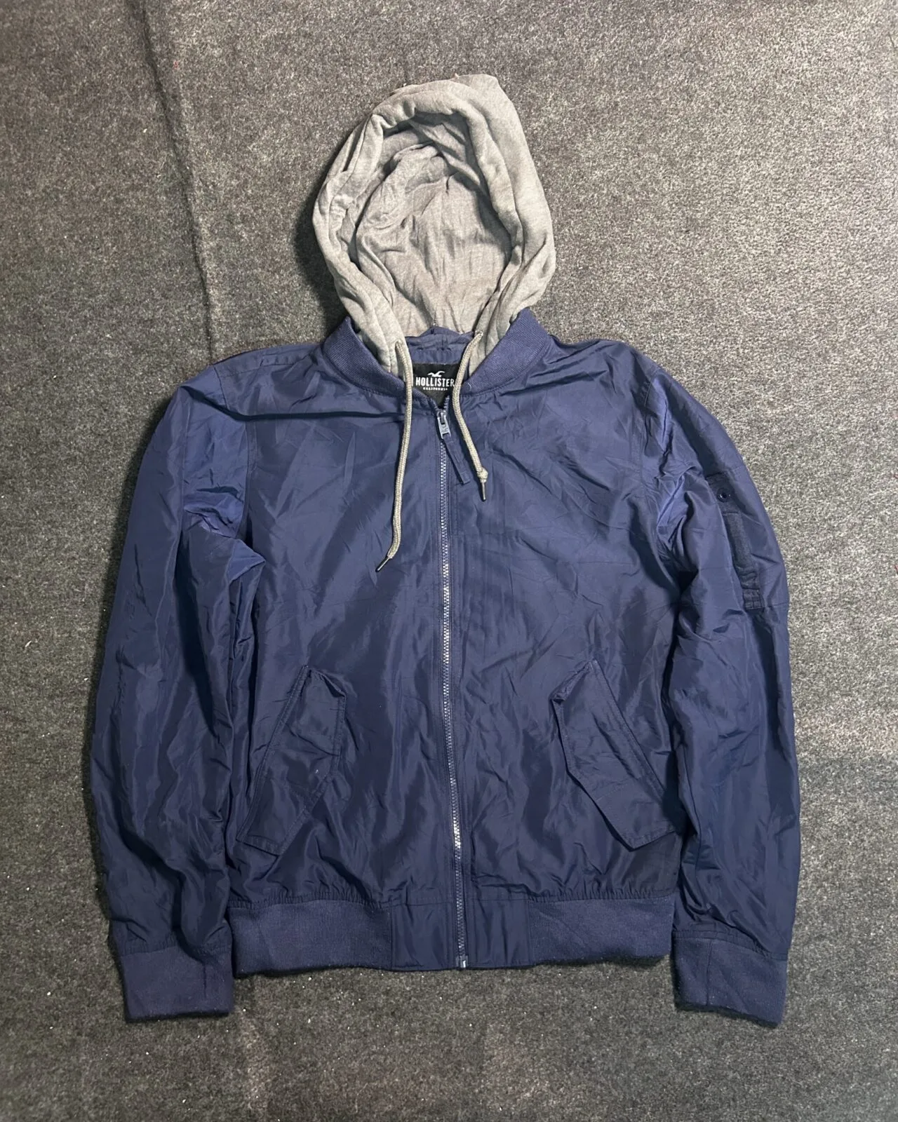 Hollister Hooded Bomber Windbreaker Jacket Navy Blue | L