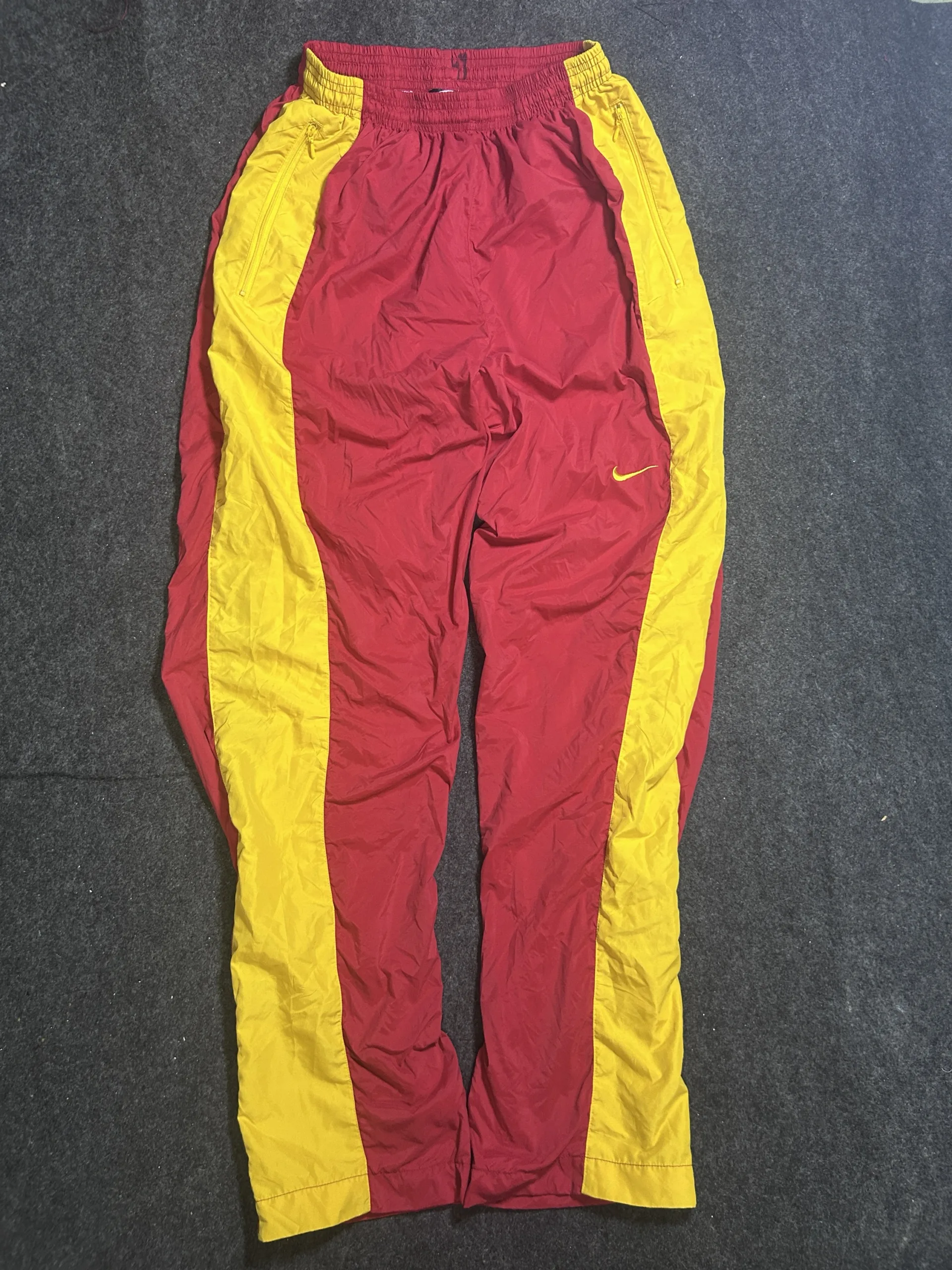 Nike Vintage Red Yellow Windbreaker Track Pants | Mesh Lined Hem Zip Sportswear | Size L