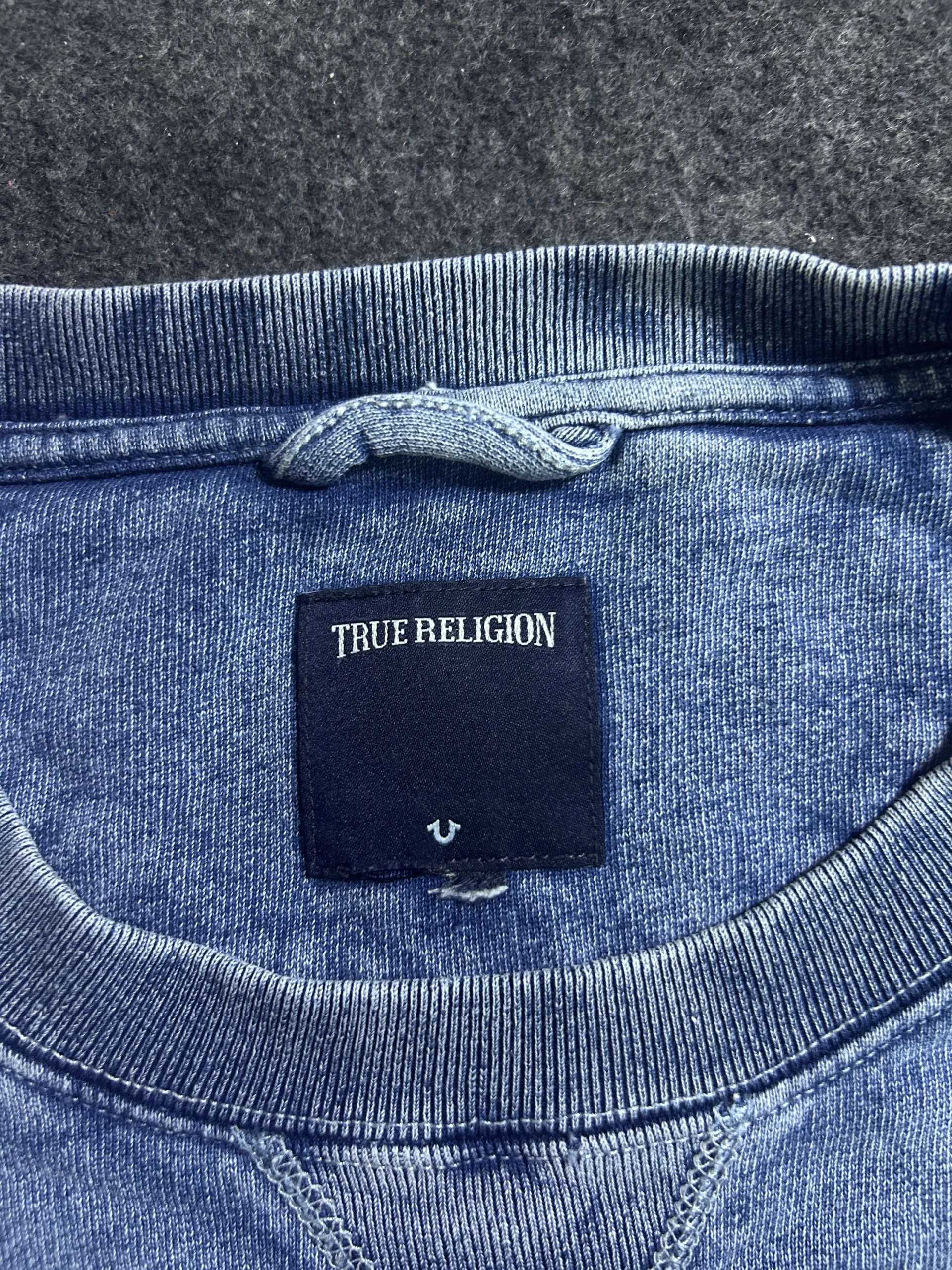 True Religion Logo Indigo Distressed Sweatshirt Y2K Oversize | XL