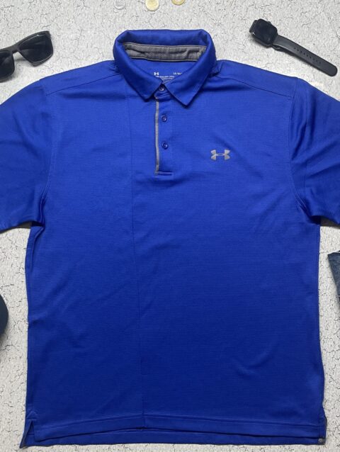 Under Armour Men's Blue Polo Shirt Polyester Collared Striped Short Sleeve SIZE M