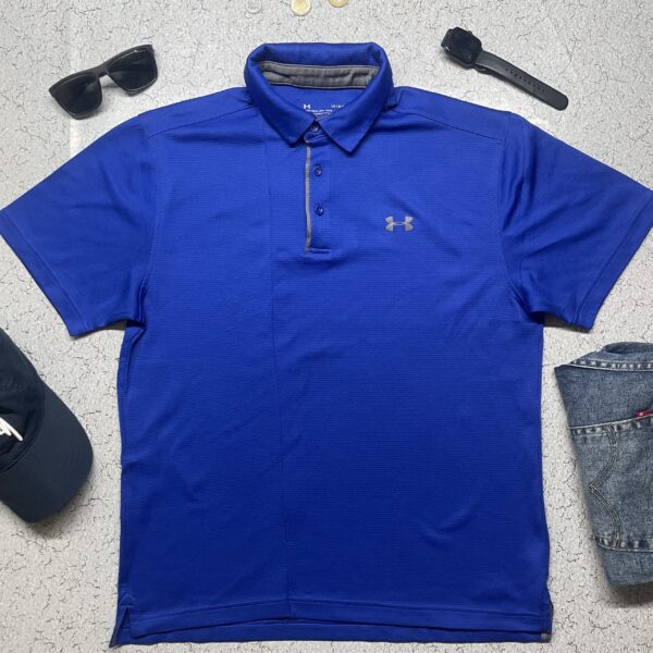 Under Armour Men's Blue Polo Shirt Polyester Collared Striped Short Sleeve SIZE M