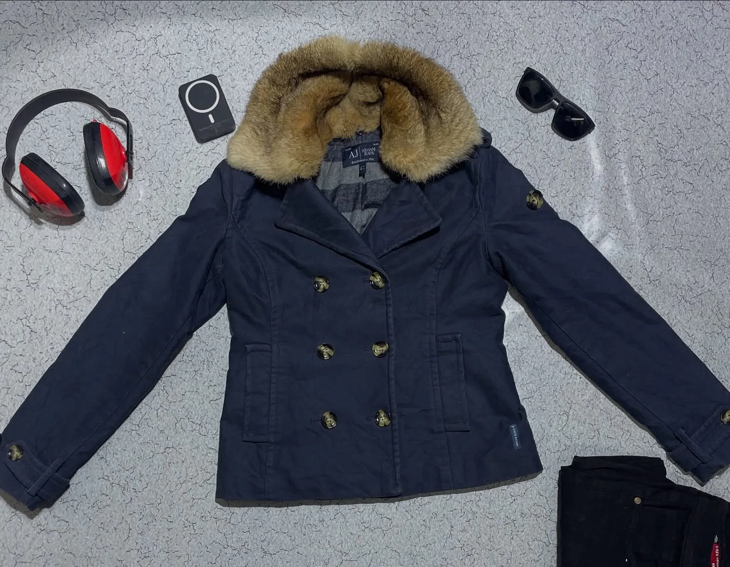 Armani Jeans Women’s Double-Breasted Winter Coat Navy Faux Fur