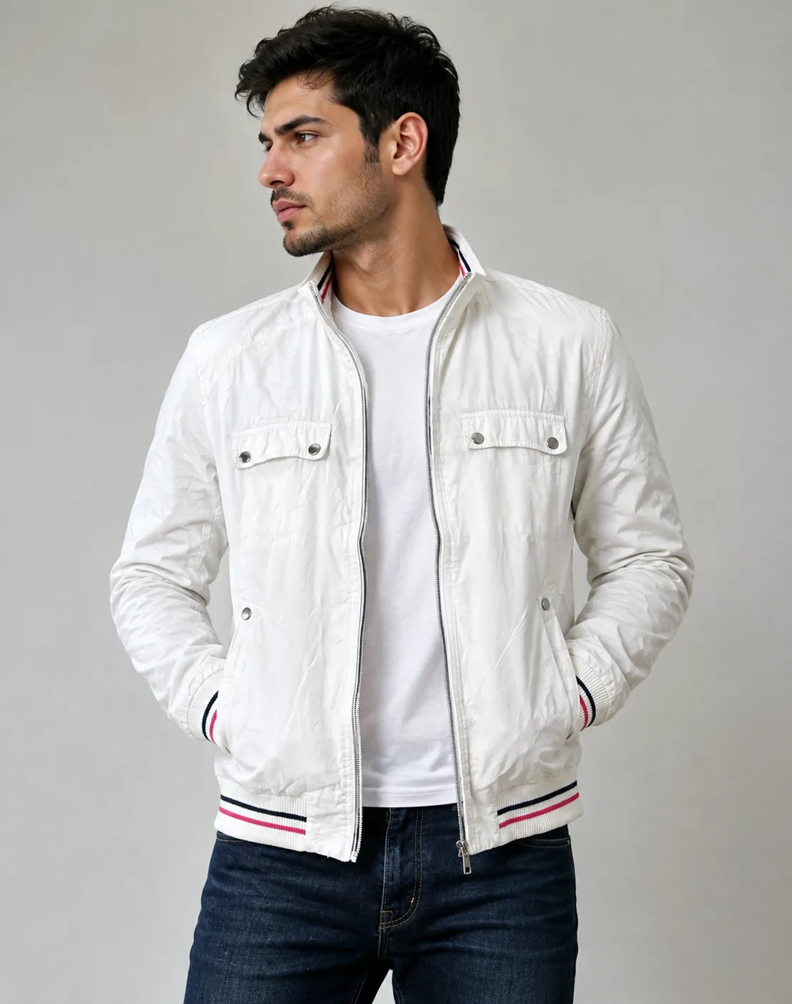H&Amp;M White Cotton Bomber Winter Jacket L 1 thrift jackets india