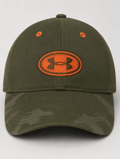 Under Armour Camo Snapback Cap Olive Green & Orange Logo | M/L