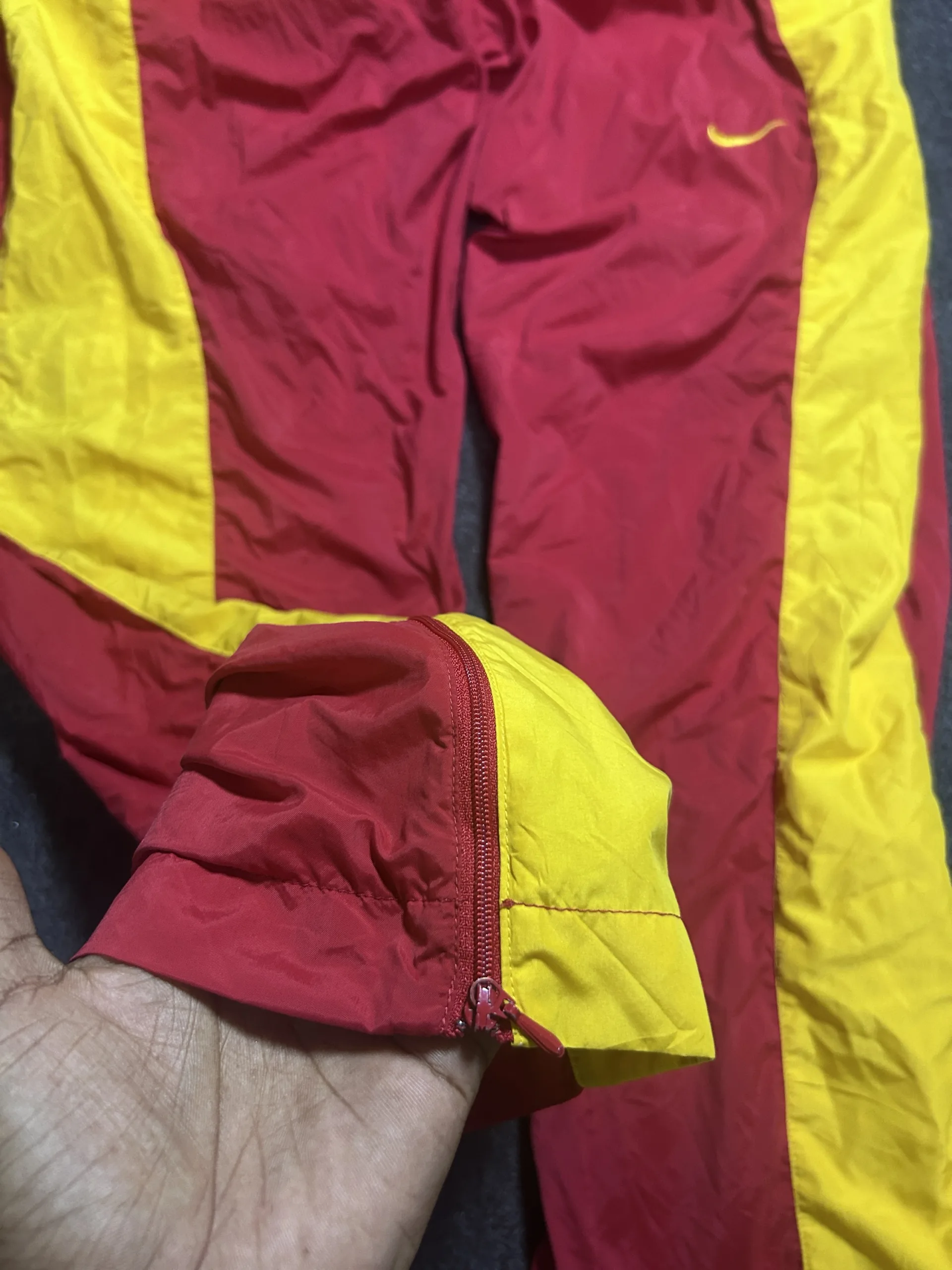 Nike Vintage Red Yellow Windbreaker Track Pants | Mesh Lined Hem Zip Sportswear | Size L - Image 3