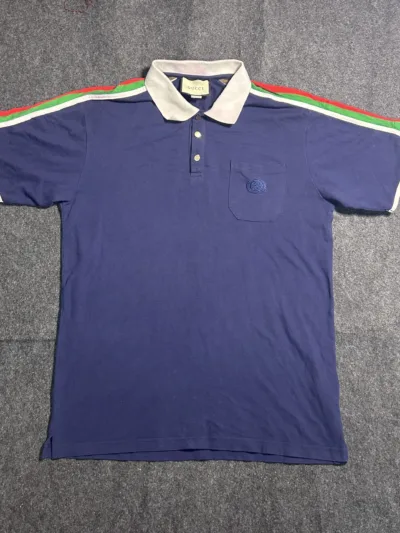 Gucci Web Stripe Polo Shirt Navy Blue XL Made in Italy Designer Luxury Polo