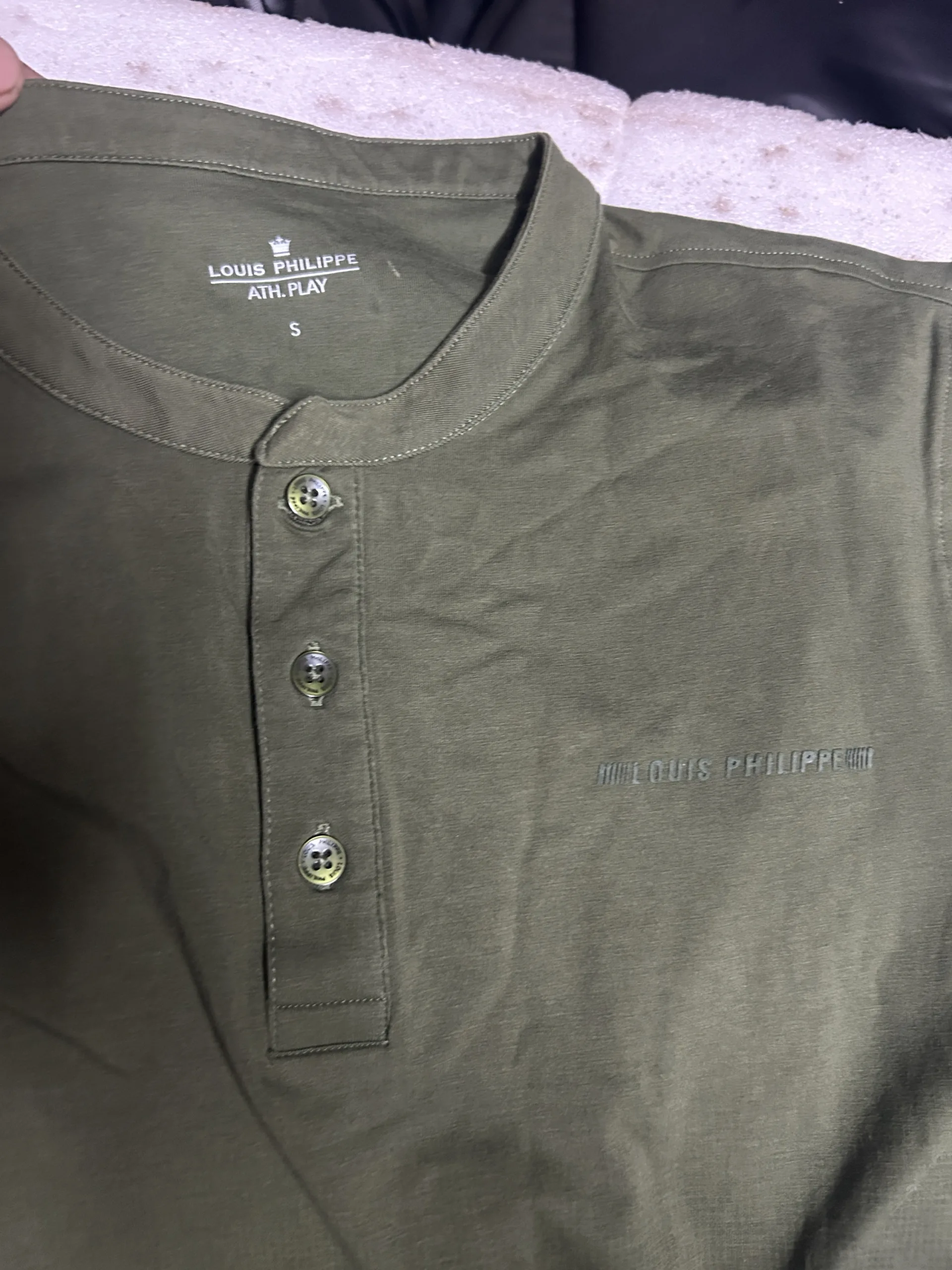 Louis Philippe Olive Green Stylized Henley Neck Full Sleeve T-Shirt S/M 3 thrift shirts india